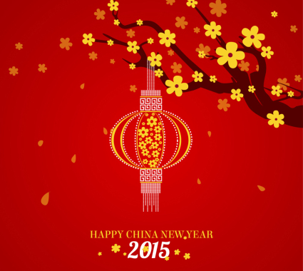 2015 Red lanterns and flowers greeting cards vector material