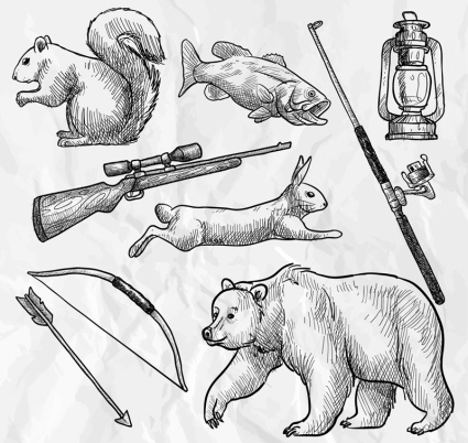 8 hand-painted forest hunting elements vector material