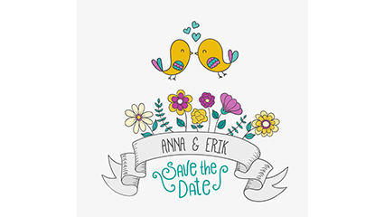 Cartoon flowers and birds wedding invitation poster vector