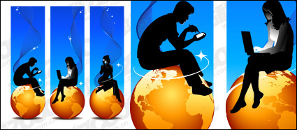 Earth and silhouette figures gold vector material