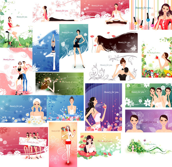 Green leaves, hair, perfume, nail polish vector material