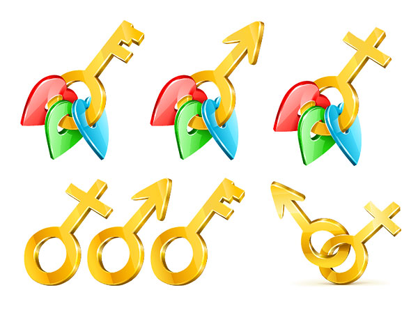 Stereoscopic gold key to male and female symbol Vector