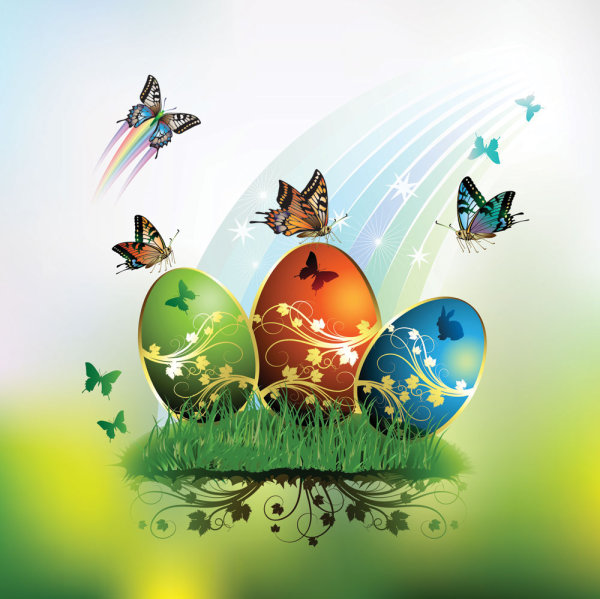 Easter card butterflies and decorated eggs 01 - vector