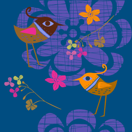Lovely hand-painted flowers and birds vector material -2