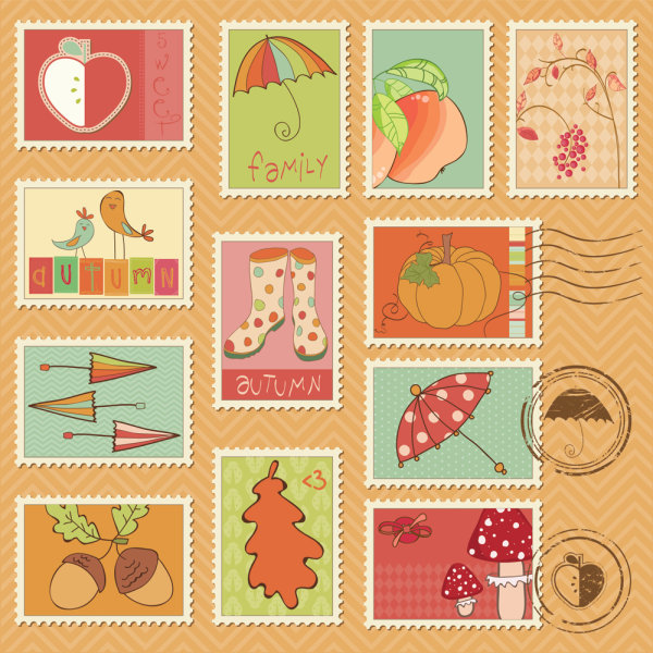 Cartoon illustrations of stamps 04 - vector