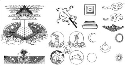 The sun and the moon, the water, fire, wind, air Buddhist symbols